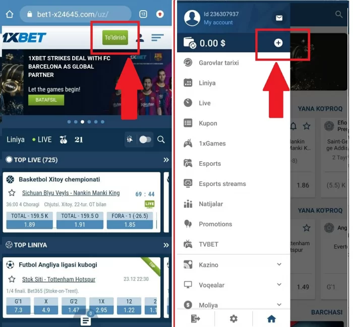 1xbet ilova orqali hisob to'ldirish