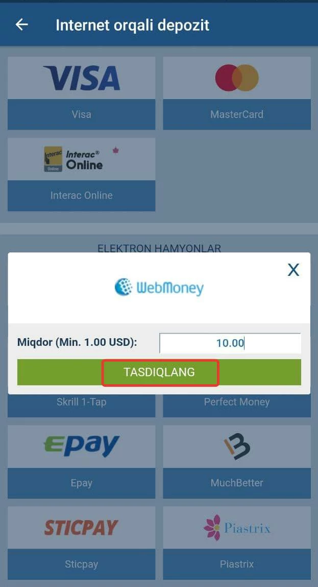 1xbet hisobga pul o'tkazish