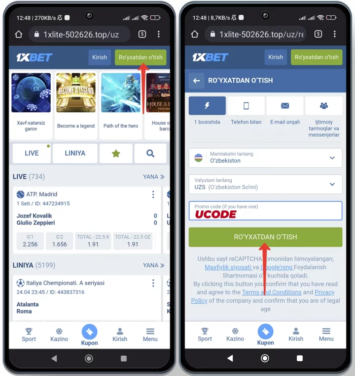 1 bosishda 1xBet registratsiya 2023 yil uchun